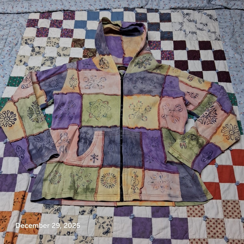 Rising International‎ Full Zip Quilted Patchwork Hoodie Size Large Hippie Boho